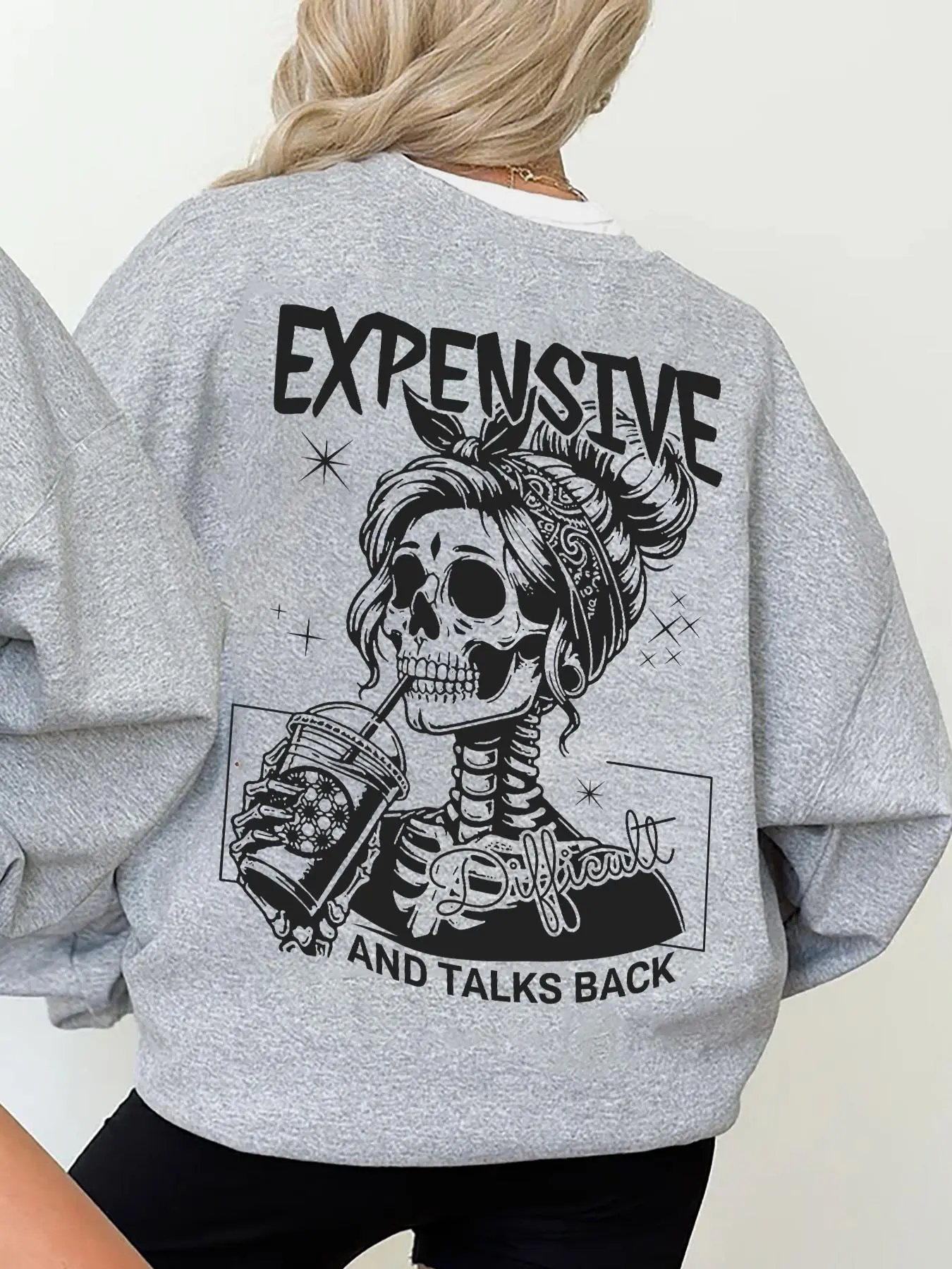 Women's Casual Loose-Fit Round Neck Long Sleeve Pullover Sweatshirt, Womenswear, Halloween Skull Print, Thick Fabric Knit, Fall & Winter Fashion