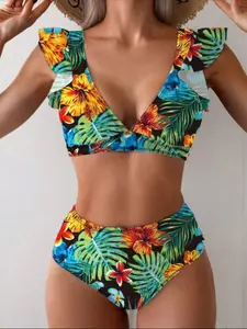 Fashion Sexy Bikini Two-Piece Set, Ruffle Print Leopard Swimwear, Women's Holiday Party Swimsuit, Wireless Style, All Seasons, Tropical Print Swimsuit