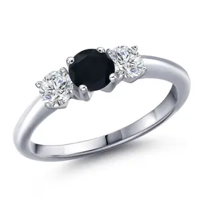 Gem Stone King 925 Sterling Silver Black Onyx and Lab Grown Diamond Engagement Ring For Women | 1.02 Cttw | Round 5MM | Gemstone December Birthstone