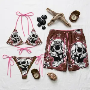 Matching Swimwear for Couples Bikini Set & Swim Shorts – Gothic Skull Mcbling Y2K Swimsuit, Alternative Aesthetic Beachwear, Grunge Couple Swimwear, Emo Punk Beach Outfit, Summer Vacation
