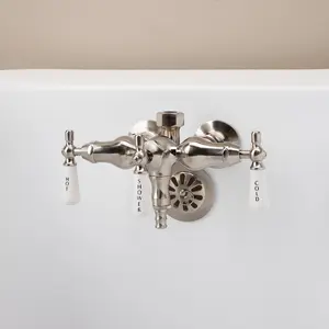 Clawfoot Tub Wall Mount Downspout Faucet with Porcelain Lever Handles for Riser Connection