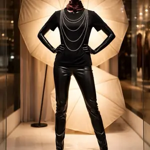 Elegant Black T-Shirt with Layered Chains Long Sleeve