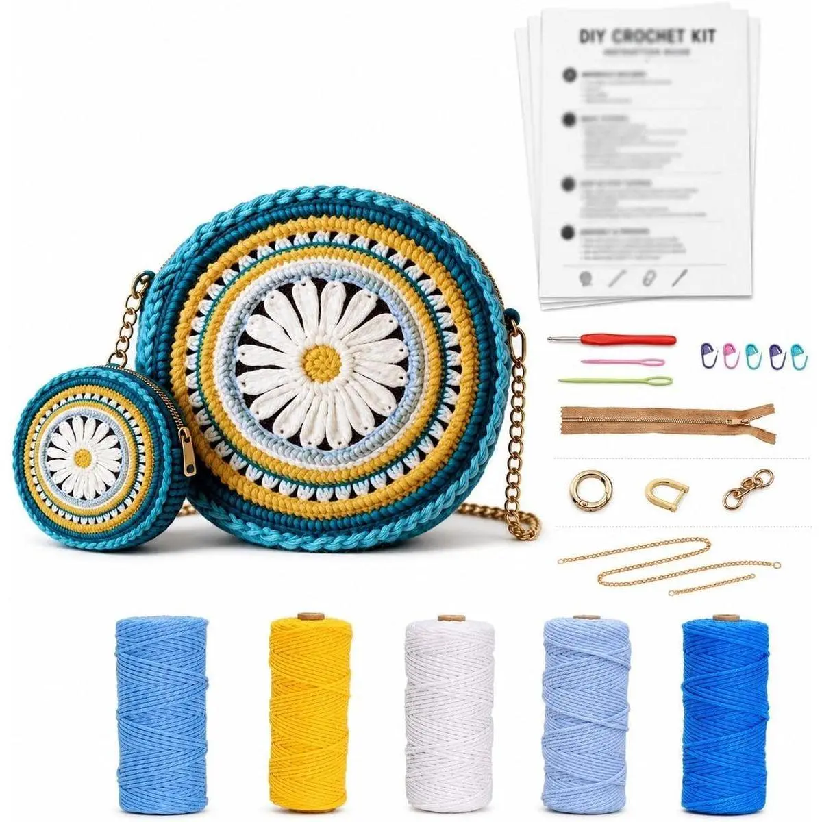 DIY Crochet Daisy Clutch & Coin Purse Set Kit for Beginners – Blue Yarn Bag Making Kit with Metal Chain, Zipper, D-Rings & Step-by-Step Instructions – Easy Beginner Craft Gift for Adults
