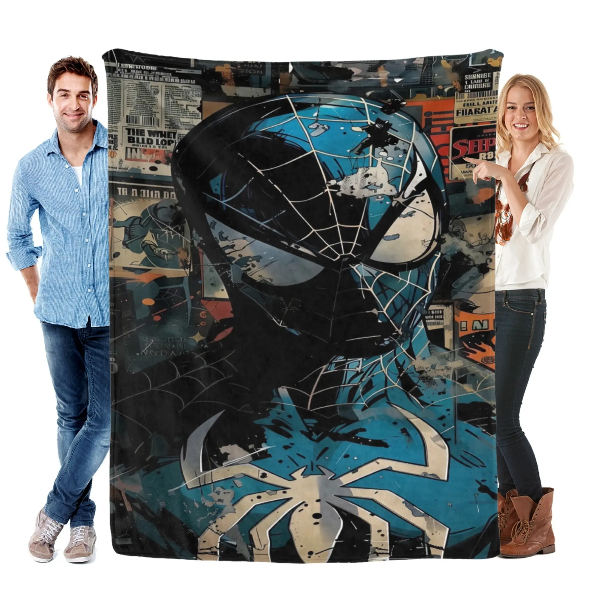 [SummerVibes] MARVEL CLASSIC Spider-Man Blue Grunge Flannel Blanket, Distressed 2D Print Throw for Couch, Bed, Office & Teen Room Decor