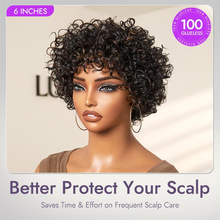 【LIVE】Brown Highlight Throw On & Go Short Bouncy Curls with Bangs Glueless Wig 100% Human Hair - US Only