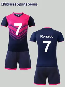 Boys' football sportswear set, featuring a pink-blue gradient design, paired with the "Ronaldo 7" logo. It has a trendy style suitable for daily sports and other scenarios, with both breathability and visual recognition. Tee Shorts Set Sports Outfits