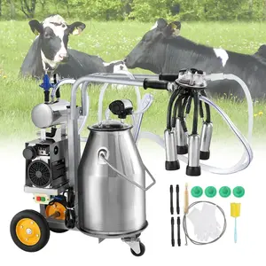 Electric Cow Milking Machine with 6.6 gal cap., 304 Steel Bucket, Adjustable Vac. Automatic Pulsation, Portable Unit with Food-Safe Silicone Teat Cups and Tubes