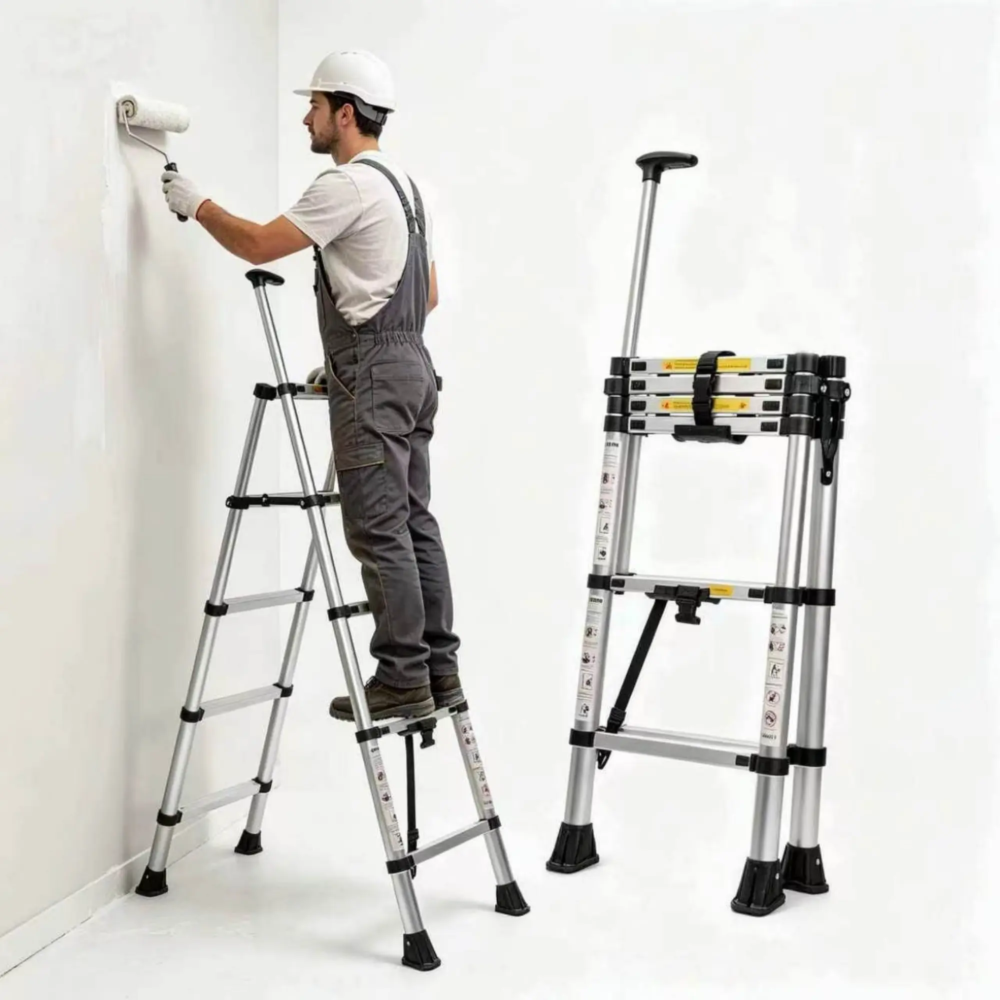 Aluminium Alloy A-Frame Telescopic Ladder, 5.6ft (1.7m+1.7m) Double-Sided Model with Handrails, Multi-Functional Folding Design, Easy to Carry & Store, Suitable for Home, Garden & RV Camping Use