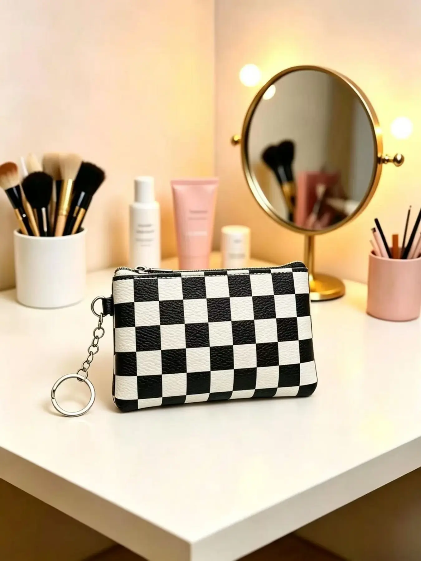 Fashion Checkerboard Keychain Coin Purse, Stylish Mini Makeup Bag, Cute Small Accessory Wallet, Trendy Pocket Organizer