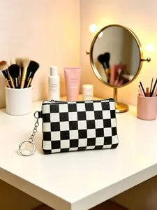 Fashion Checkerboard Keychain Coin Purse, Stylish Mini Makeup Bag, Cute Small Accessory Wallet, Trendy Pocket Organizer