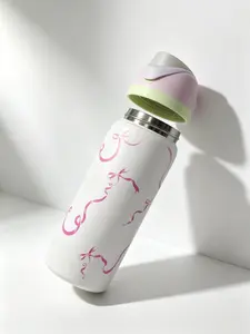 Owala Stylish Stainless Steel Tumbler, 32oz/945ml US Version Lightweight Portable Sports Water Bottle with Colorful Bow Design for Girls, Pink Ribbon Kitchenware Drinkware Vacuum Flask