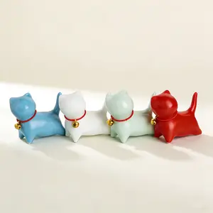 Kawaii Ceramic Cat Figurine Cute Mini Desk Decor with Bell for Whimsical Workspace Charm in Vibrant Colors 4pcs (Soft Pearl White, Sky Breeze Blue, Cherry Blossom Red, Mint Mist Green)