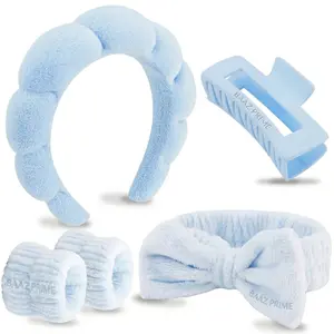 "Viral 5-Piece Spa Day Set  | Puffy Sponge Skincare Headband & Wristbands for Wash Face, Makeup Headband, Facial Skincare Headbands | Bow Tie Hair Band & Clips | No More Messy Water  | Baaz Prime Beauty"