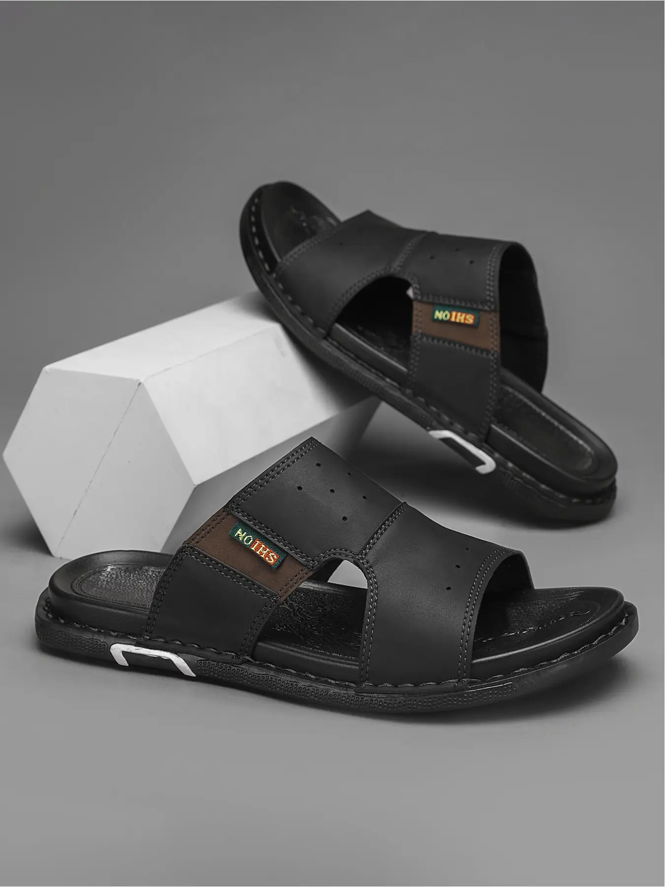 Men's Functional Slippers, Sliders Shoes with Colorblock Label Design, Business Travel/commute Sandals, Modern PU Leather, All Seasons, Less Than Ankle Height