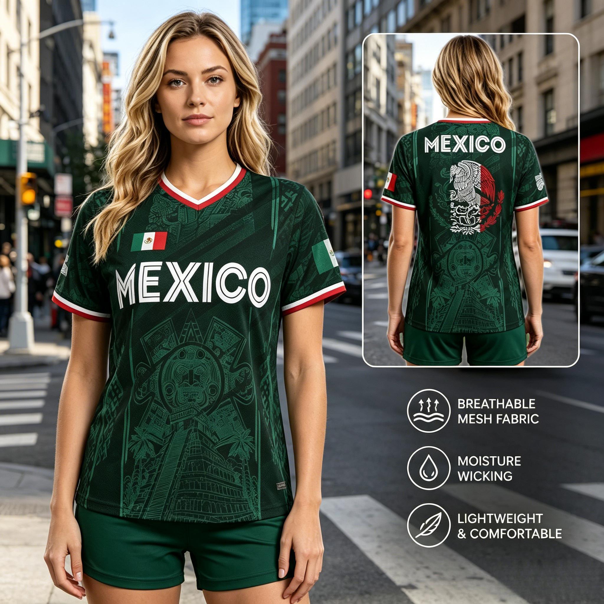 2026 Mexico Soccer Jersey,  Chichén Itzá Pyramid Graphic Retro Soccer Jersey, All over Print, Casual Style for All Seasons, Classic Throwback Jersey Sportswear Top