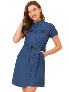 INSPIRE CHIC Women's Jean Dress Chambray Tie Waist Spring Casual Button Down Denim Dresses