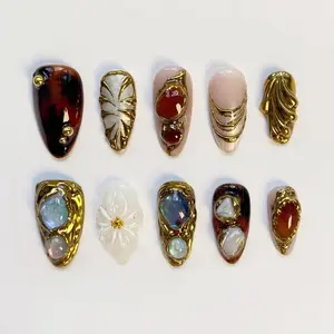Gothic Amber Press On Nails Almond Nails/Leopard Print Nails/Pearl Shell Nails