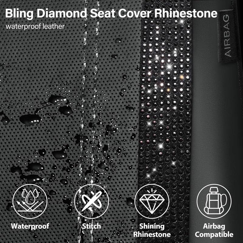 CAR PASS Bling Car Seat Covers, Shining Rhinestone Diamond Waterproof Leather,Interior Decor,Universal Fit Glitter Crystal Sparkle for Cute Women Girl