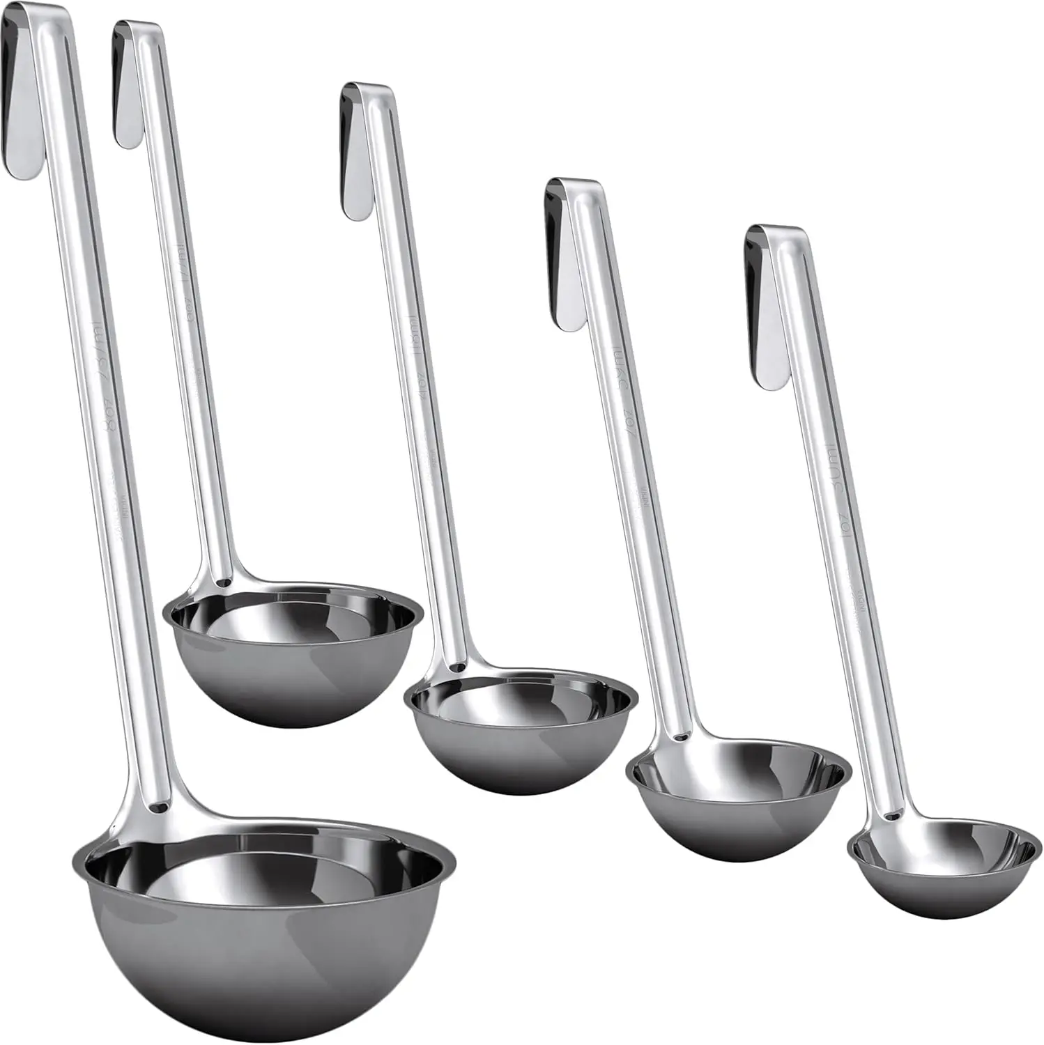 Sturdy, Ergonomic Combo Sizes Ladles 5 Pk. 1 2 4 6 8 Oz Stainless Steel Ladle with Long Handles. Best Kitchen Supplies for Stirring, Portioning and Serving...