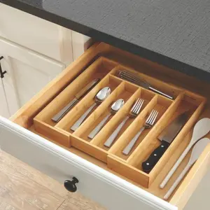 Natural Bamboo Expandable Silverware Organizer, 13.98 x 10.04-15.35 x 1.97 inches - Boxes