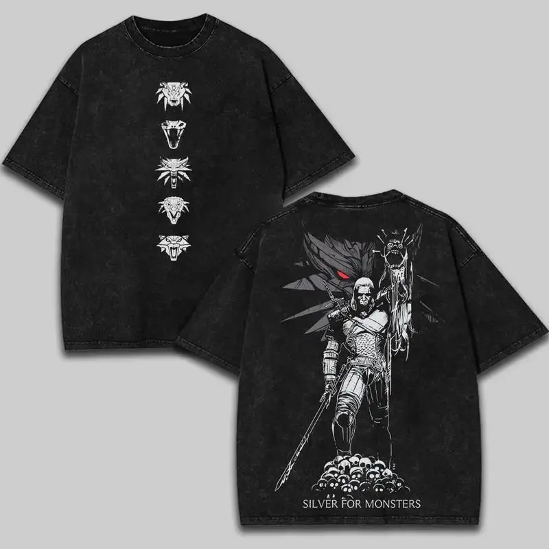 Men's Vintage "Silver for Monsters" The Witcher Graphic T-Shirt - Short-Sleeve Crew Neck Cotton Fitted Distressed All-Seasons Casual Streetwear Top