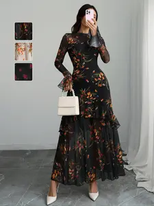 Women's Gothic Elegance Sexy Mesh Patchwork Colorful Print Vintage Ruffle Sleeve Mermaid Tail Double Layer Dress