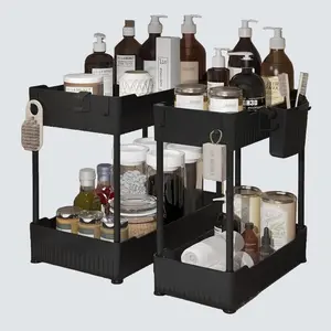 2-Pack Under Sink Organizer – Multi-Purpose Black Plastic Storage Shelf with Hooks & Hanging Cup for Kitchen & Bathroom Cabinets