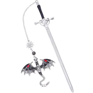 Dragon Sword Design Bookmark, 1 Set Vintage Metal Tassel Pendant Bookmark with 60pcs Holographic Stickers, Reading Bookmark for Bookworms, Men, Boys, Readers