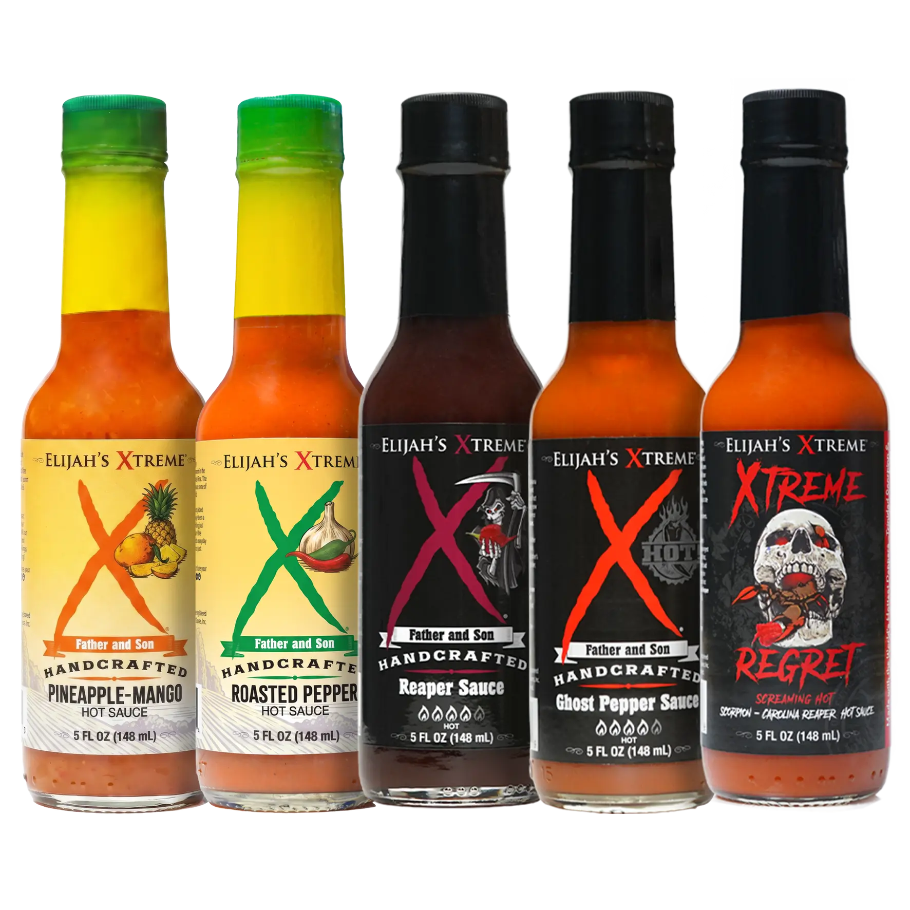 Elijah's Xtreme Starter Hot Sauce Pack - 5 Bottles Variety Pack Including: Pineapple-Mango, Original, Ghost, Xtreme Regret, Reaper Sauce - Flavor Dip, 5 Bottles Sambal Chili Jalapeno Spicy, Mild to Very Hot, Gluten Free