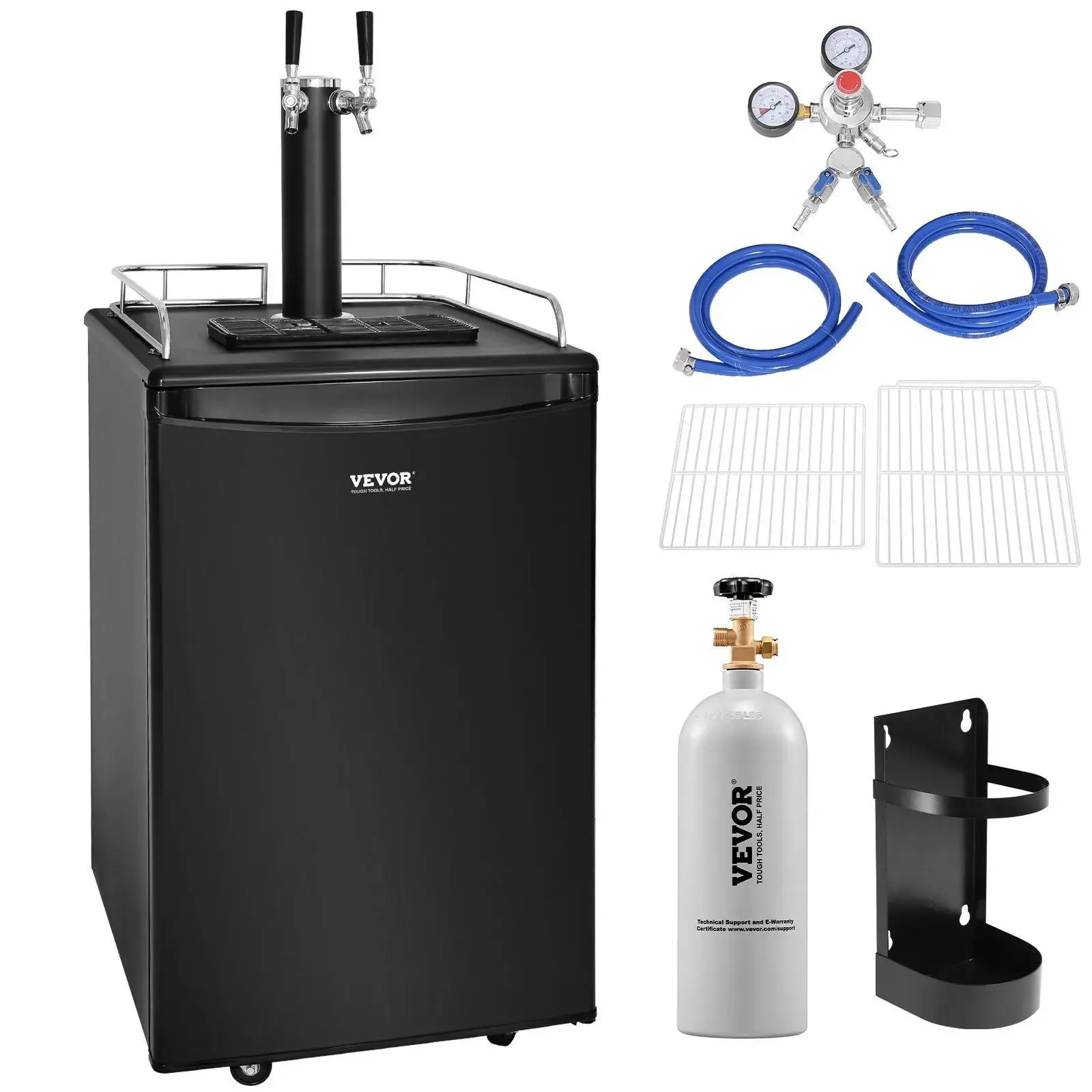 【Summerfinds】VEVOR Beer Kegerator,  Dual Tap Draft Beer Dispenser, Full Size Keg Refrigerator With Shelves, CO2 Cylinder, Drip Tray & Rail, 32°F- 50°F Temperature Control, Holds 1/6, 1/4, 1/2 Barrels, Black