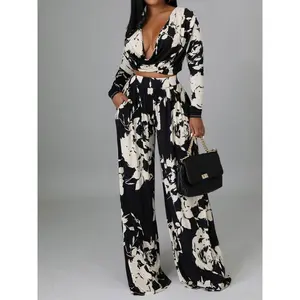 Printed Long Sleeve Crop Top & Wide Leg Pants 2-Pc Set for Date Night Lunch/Brunch Date Vacation  cruise any occasion slightly oversize size down for perfect fit