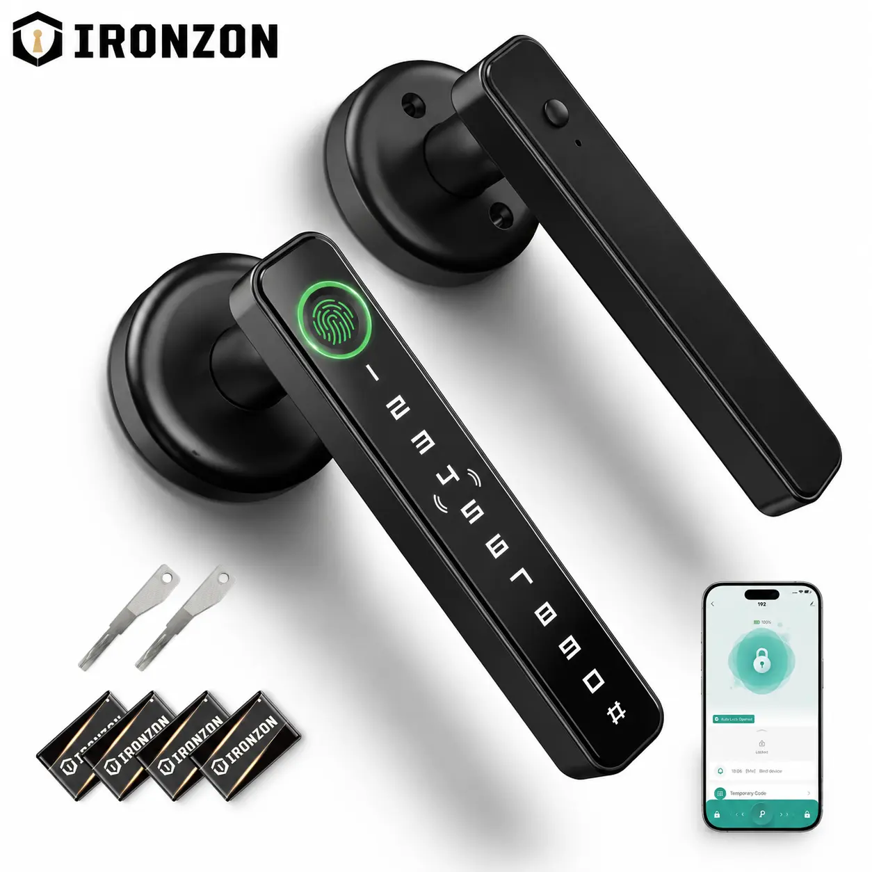 IRONZON Aluminum Alloy 5-in-1 Access Electronic Handle Smart Door Lock, Tuya Bluetooth Control, Fingerprint-Passcode-IC Card-Physical Key-Keypad Entry, for Home Users' US Interior/Garage Doors