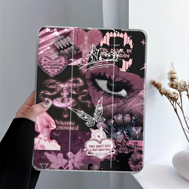 Y2K Pink Gothic Collage Folding Stand Case, Transparent Acrylic Hard Back, Pencil Slot & Charger Slot, Scratch-Resistant Slim Protective Cover for iPad 10.2 2019/2020/2021, Mini, Pro, Air Scratch-resistant ultra-thin protective case, Tablet Casing
