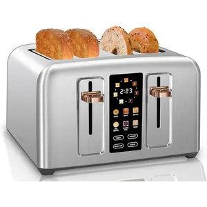 Toaster 4 Slice, Full  control Toaster, LCD Display, 6 Bread Type, 7 Shade Settings, 1.4''Wide Slots, Time Function, Removable Crumb Tray, 1800W,  Metallic