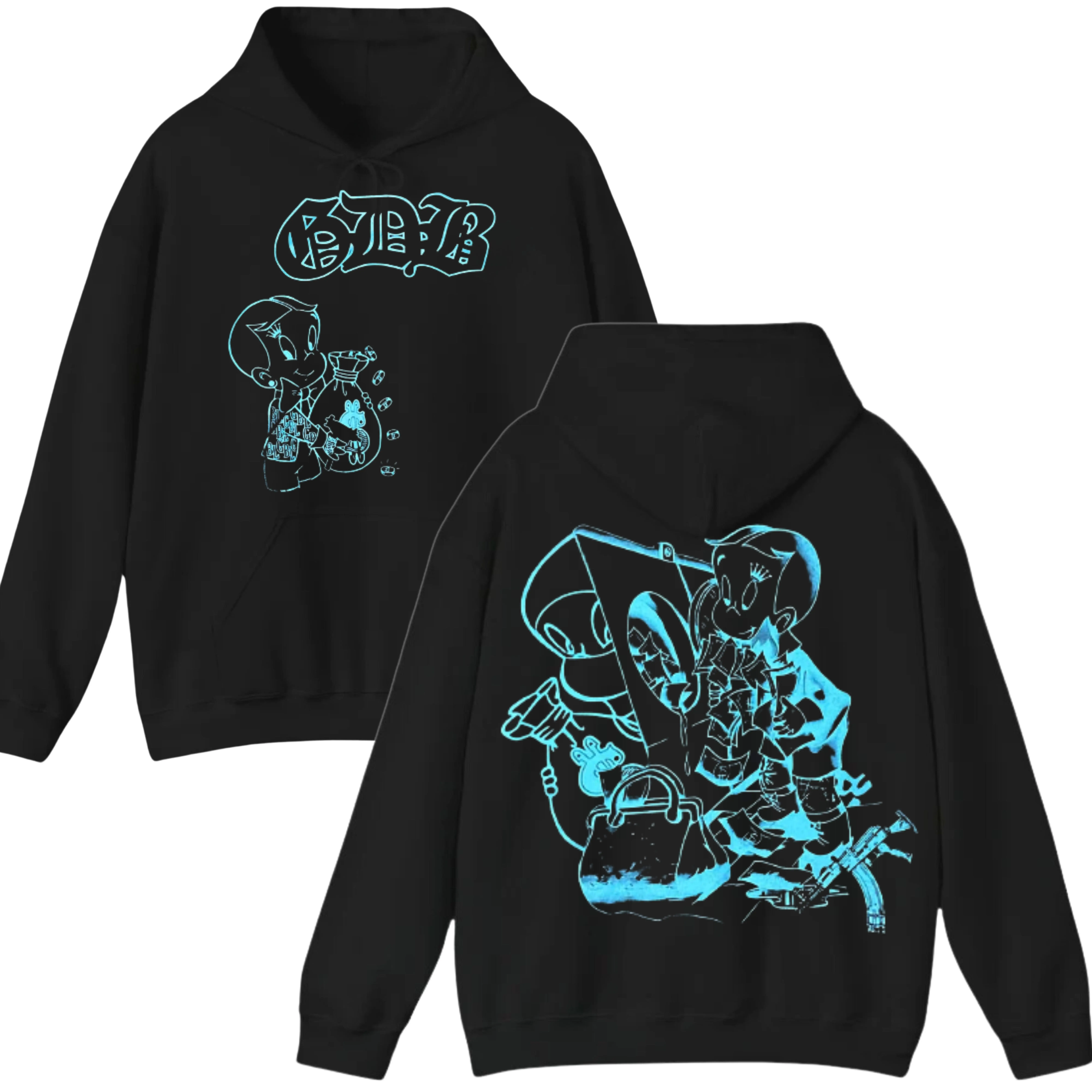 Greedyboyz Graphic Hoodie, Neon Blue Cartoon Design, Streetwear