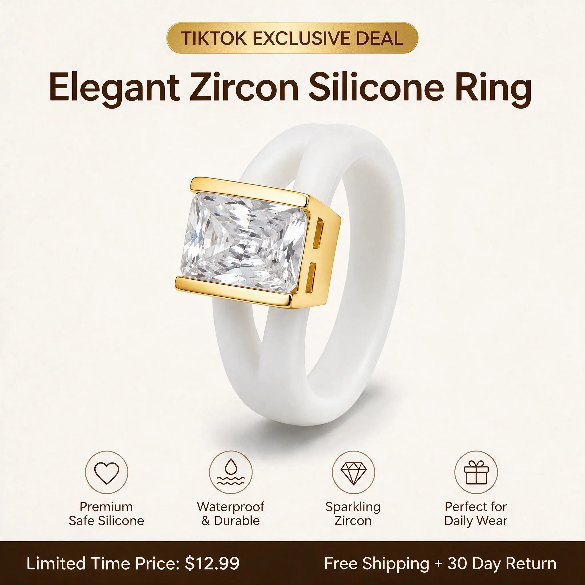 Silicone Ring for Women, 10x8mm Emerald Cut CZ, GlowStone Collection, Synthetic Zirconia Ring, Emerald Cut Rings