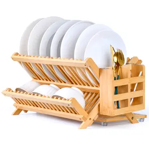 (High end and high-quality)Bamboo Dish Rack, 3-Tier Foldable Wood Dish Drying Rack for Kitchen Counter – Space-Saving Organizer with Utensil Holder, Perfect for Small Kitchens and Apartments Collapsible Metal Wooden