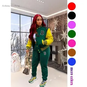 Women's Colorblock Letter Patched Pocket Co-ord Set, Casual Button Front Bomber Jacket & Drawstring Waist Jogger Pants Set,