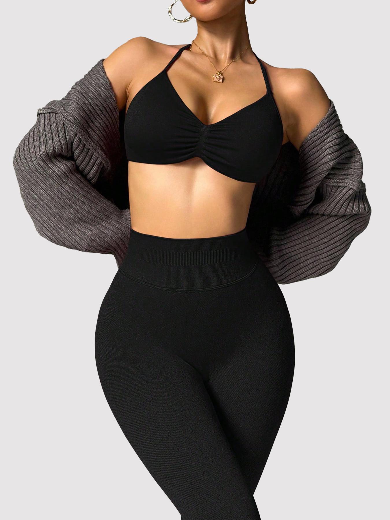 Women'S Halter Top + Sports Bra + High Waist Tight Pants 3 Piece Set, Detachable Pads, Butt Lifting, Abdominal Support, Yoga Fitness Daily Wear