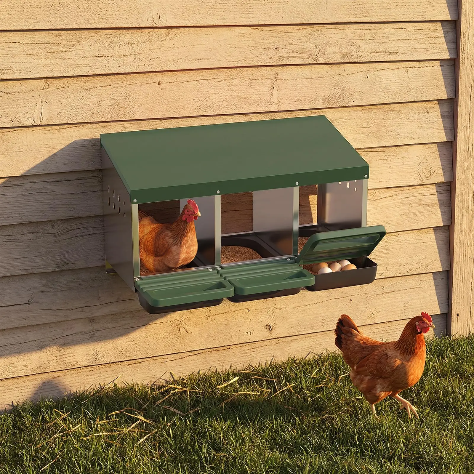 Green Chicken Nesting Box, 3-Hole Roll Away Egg Laying Box with Lid, Heavy-Duty Galvanized Steel Rustproof Design - Easy Egg Collection, Easy Clean (Wall-Mountable Without Bracket.)