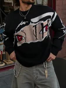 Men's Loose Fit Long Sleeve Round Neck Pullover Sweater, Casual Street Style Knitwear for Fall & Winter, Anime Design