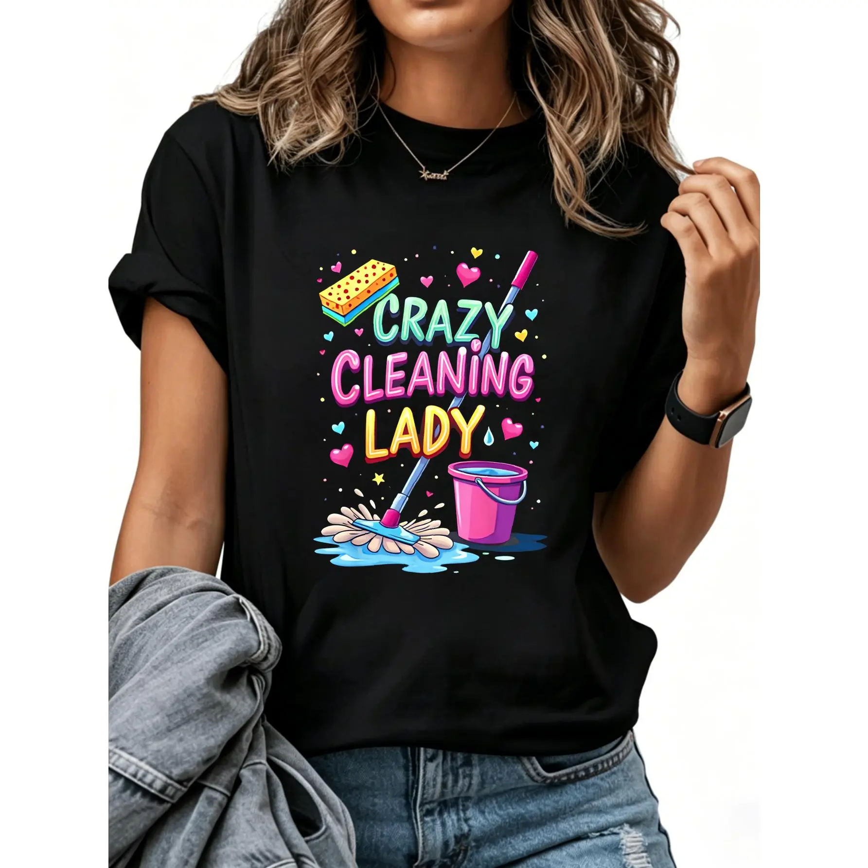 cotton Crazy Cleaning Lady Cleaner Housekeeper Cleaning Lovers T-Shirt casual Fashion graphic tees for women