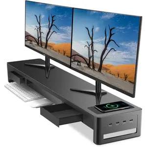 Dual  Stand Riser with 2 Drawers,4 USB Ports and  Pad,Metal  Stand for 2 Monitors Supports Transfer Data and ,Desk Organizer for PC,iMac(38.7 inches)