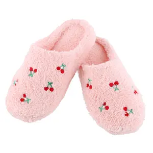 CTM Women's Cherry Pattern Fur Slippers, Clog and Scuff Slippers