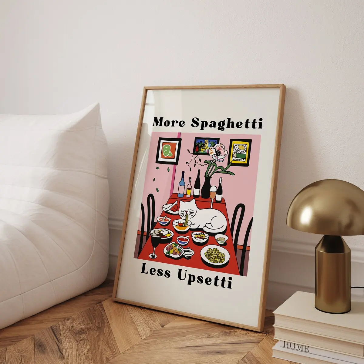 Spaghetti Cat Kitchen Poster – Humorous Trendy Art Print, Funny Cat Wall Decor, Unframed