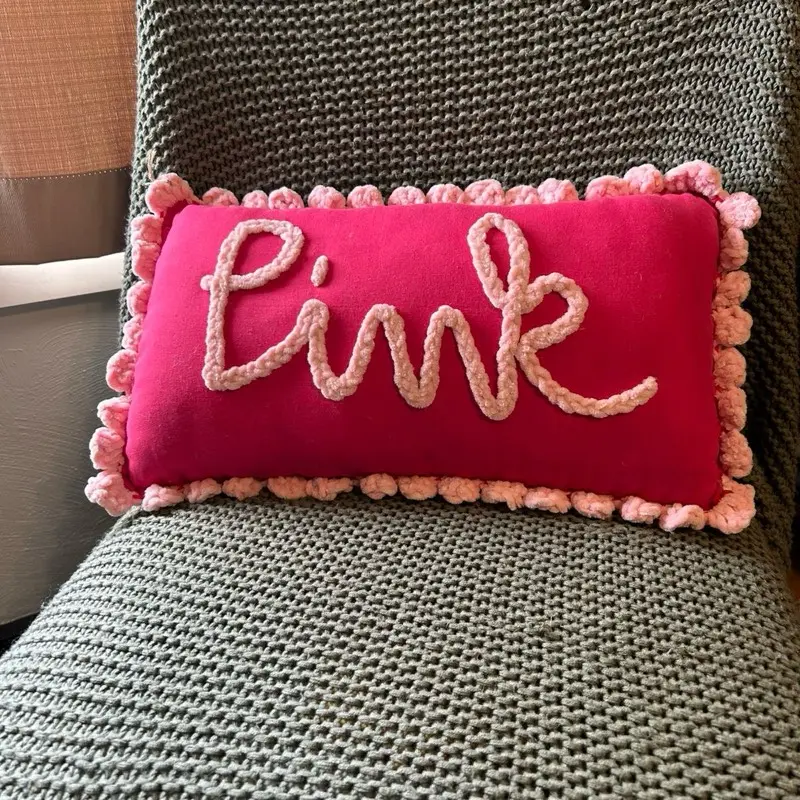 Pink Pillow with Crochet Hem