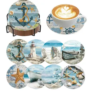 8 Piece Diamond Art Coasters Set, Summer Beach Diamond Painting Kit with Stand, Handicraft DIY Kits, DIY Floral Diamond Art Coaster Set for Beginners Adults