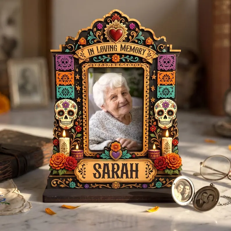 Personalized Día de los Muertos Memorial Wooden Photo Frame - Custom Ofrenda Altar Shrine Display, Sugar Skull Memorial Tribute, Multi-Size Keepsake, Vintage Fall Decor 2026