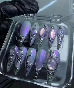 3D Gothic Chrome Fangs Press On Nails | Aurora Celestial Orb Lavender Alt Stiletto Nails