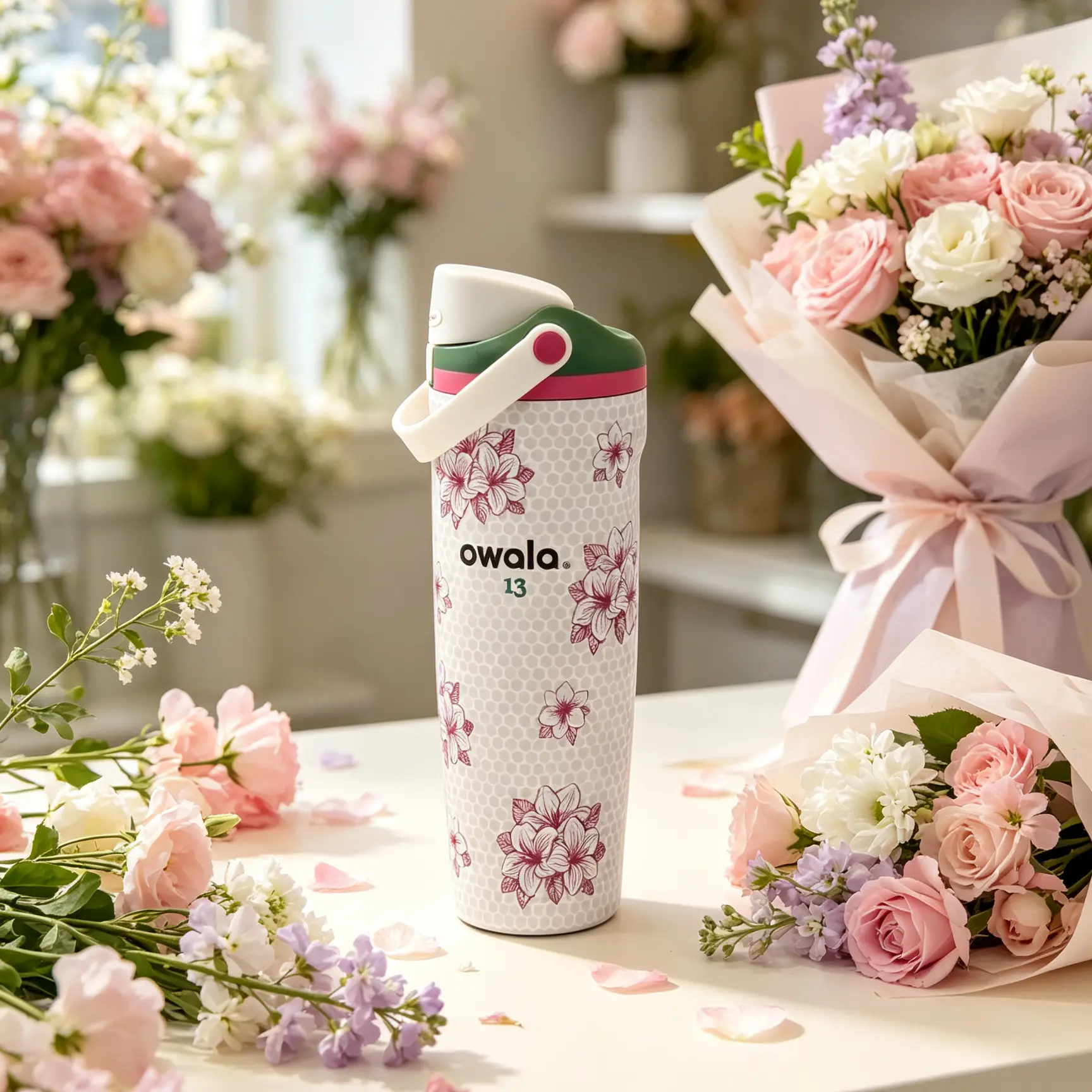 Owala FreeSip Insulated Stainless Steel Water Bottle 30oz, Masters Azalea No.13 Limited Edition Floral Tumbler with Carry Handle, Leak Proof Double Wall Vacuum Travel Cup for Golf Sports Outdoor Gym